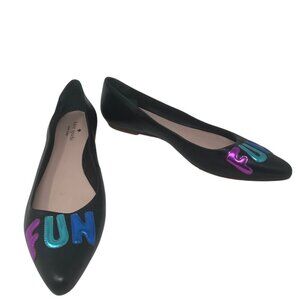New Kate Spade Elliot “FUN” Printed Black Leather Pointed Toe Flats Size 11